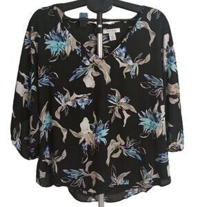 White House Black Market Black Floral V-Neck Boho Flowy Dolman Batwing Top Large